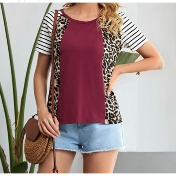 🆕LAST ONE!🛍 Leopard & Stripes Colorblock Top in Burgundy - Picture 4 of 4